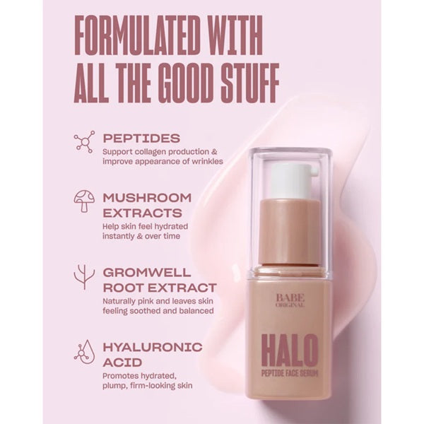 Bottle of Halo peptide face serum with ingredients listed on a pink background