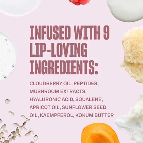 Product description card with lip ingredients on a pink background