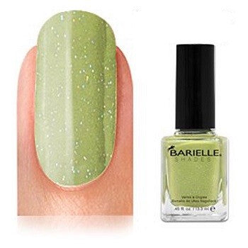 A bottle and a sample nail color swatch of Barielle Nail Polish in a lime green shade with multi-color micro-glitter.