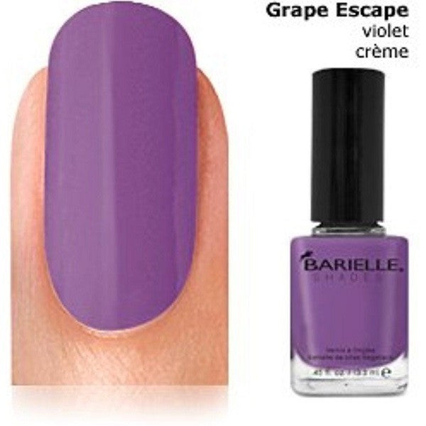 A bottle of Barielle nail polish in the color Grape Escape, which is a violet purple creme. The nail polish is shown applied on a nail and the bottle is displayed below.