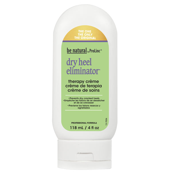 A tube of Be Natural Dry Heel Eliminator Therapy Cream with green and white packaging, indicating it is the original version and contains 16 oz (454g).