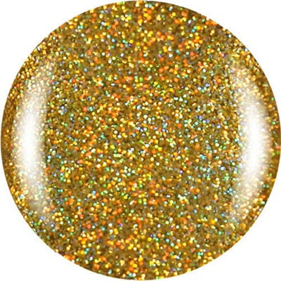 Close-up of a round, gold glittery object with a white background