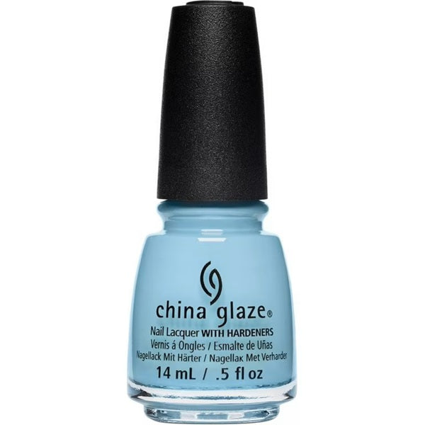 A bottle of China Glaze nail polish in a light blue shade, with a black cap on a white background.