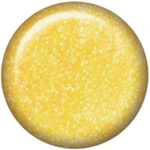 Round yellow nail polish swatch on a white background