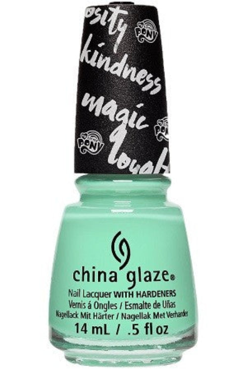 A bottle of China Glaze nail lacquer in the shade of mint green with a black cap printed with white hand-drawn style text.