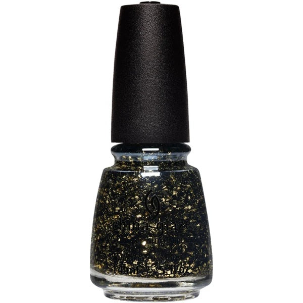 China Glaze nail polish bottle with black and gold glitter in a clear base, with black cap.