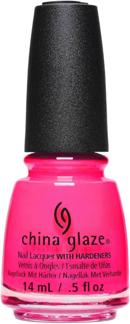 China Glaze nail polish bottle with bright pink color and black cap.