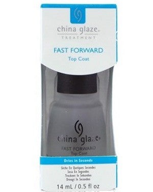 A bottle of China Glaze Fast Forward Top Coat, quick drying top coat in white and blue packaging, 0.50 oz size.