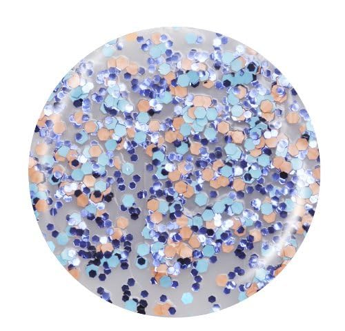 A circular close-up of a glittery nail polish swatch with small hexagonal glitteri in light blue, navy, peach, and white, on a white background.