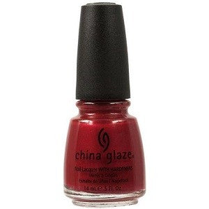 A bottle of China Glaze nail polish in a vivid medium red shimmer color, with a black cap.
