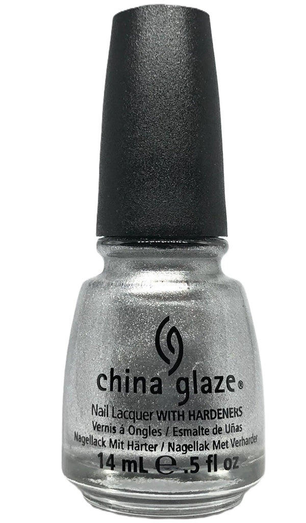 China Glaze metallic silver shimmer nail polish bottle with black cap.