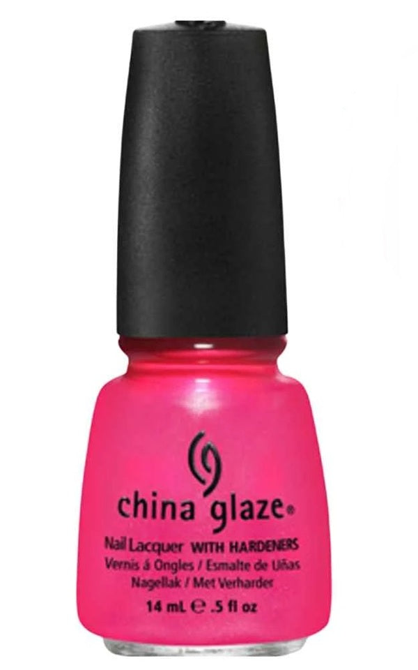 China Glaze neon pink nail polish bottle with black cap.