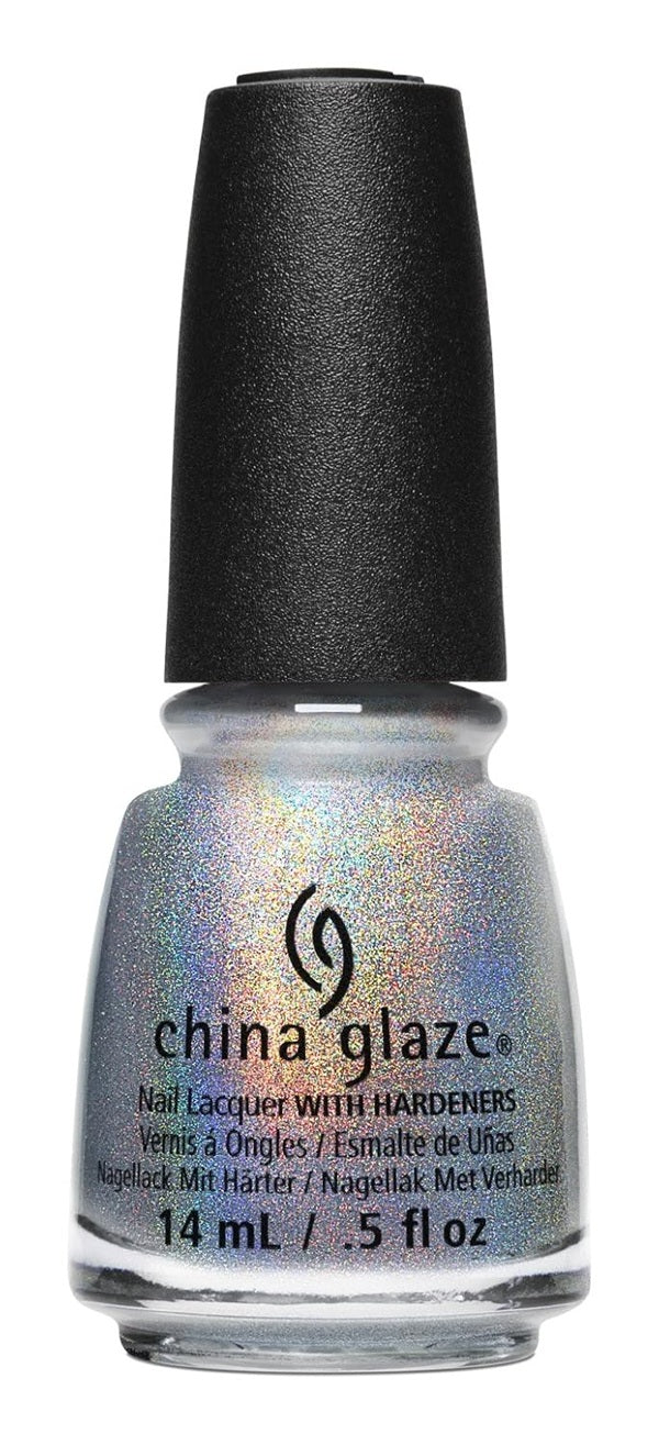 China Glaze silvery blue holographic shimmer nail polish bottle with black cap.