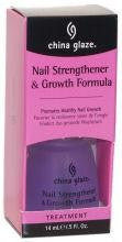 A bottle of China Glaze Nail Strengthener & Growth Formula, with purple packaging and a clear cap.