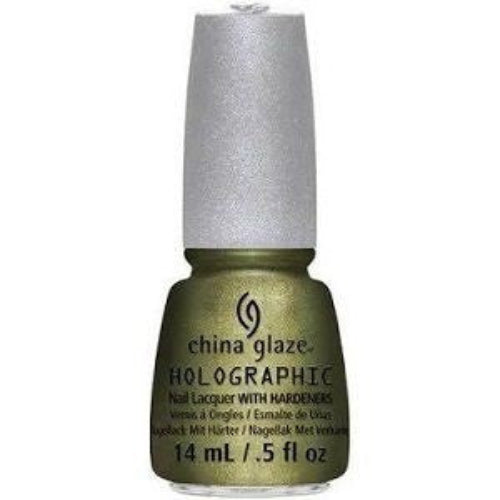 A bottle of China Glaze Nail Polish in a golden olive green color with a subtle linear holographic effect, 0.50 fl. oz. size.
