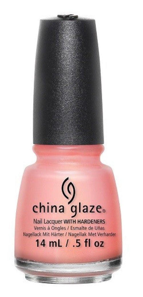 A bottle of China Glaze nail polish in a light pink color with a subtle golden shimmer, with a black label.