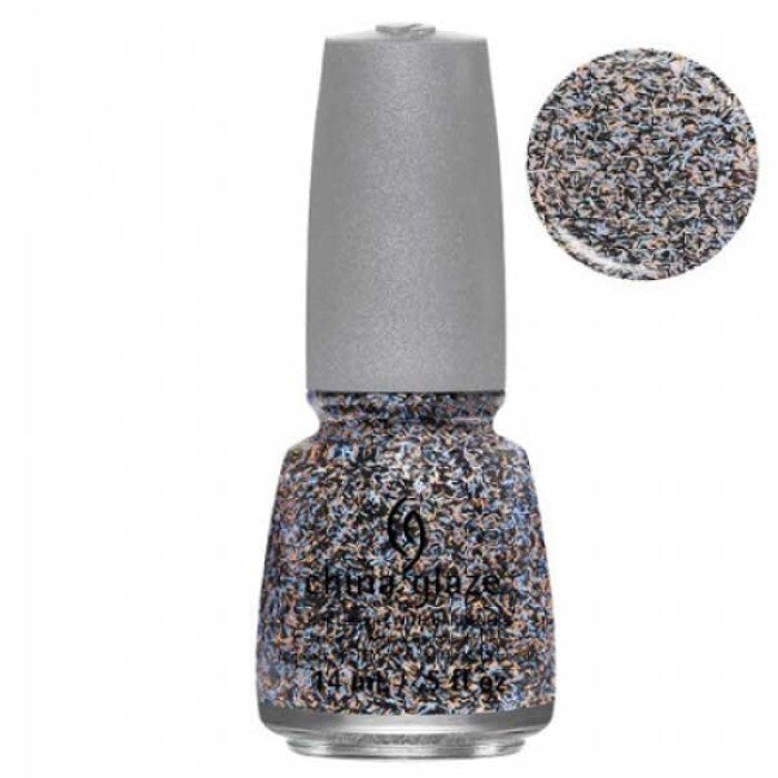 China Glaze multi-color glitter nail polish bottle with silver cap.