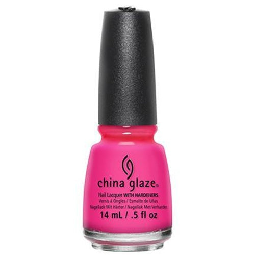 A China Glaze nail polish bottle in a neon hot pink shade, with a black cap.