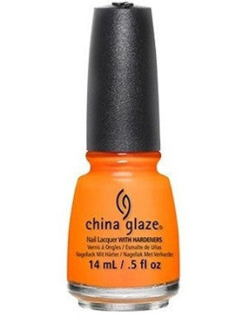 A bottle of China Glaze nail polish in a bright tangerine orange color, with a black cap.