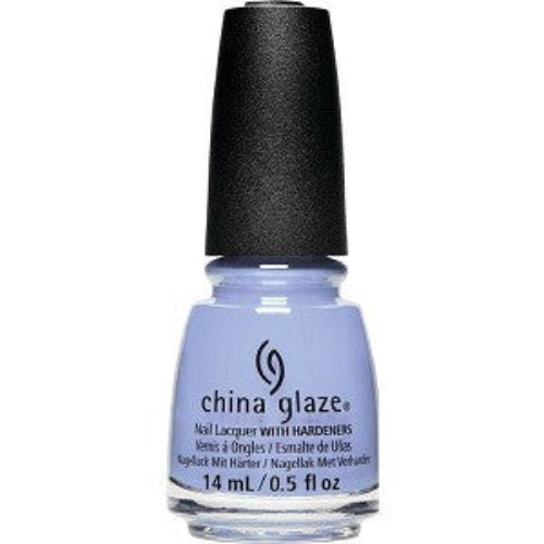 A bottle of China Glaze nail polish in a pastel periwinkle blue creme color, with black cap.