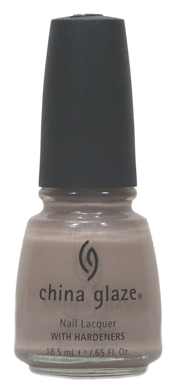 China Glaze beige shimmer nail polish bottle with a black cap.
