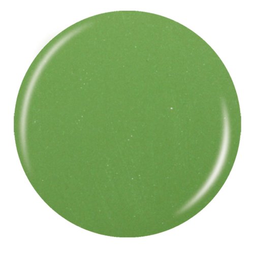 Round green shimmer nail polish swatch against a white background.