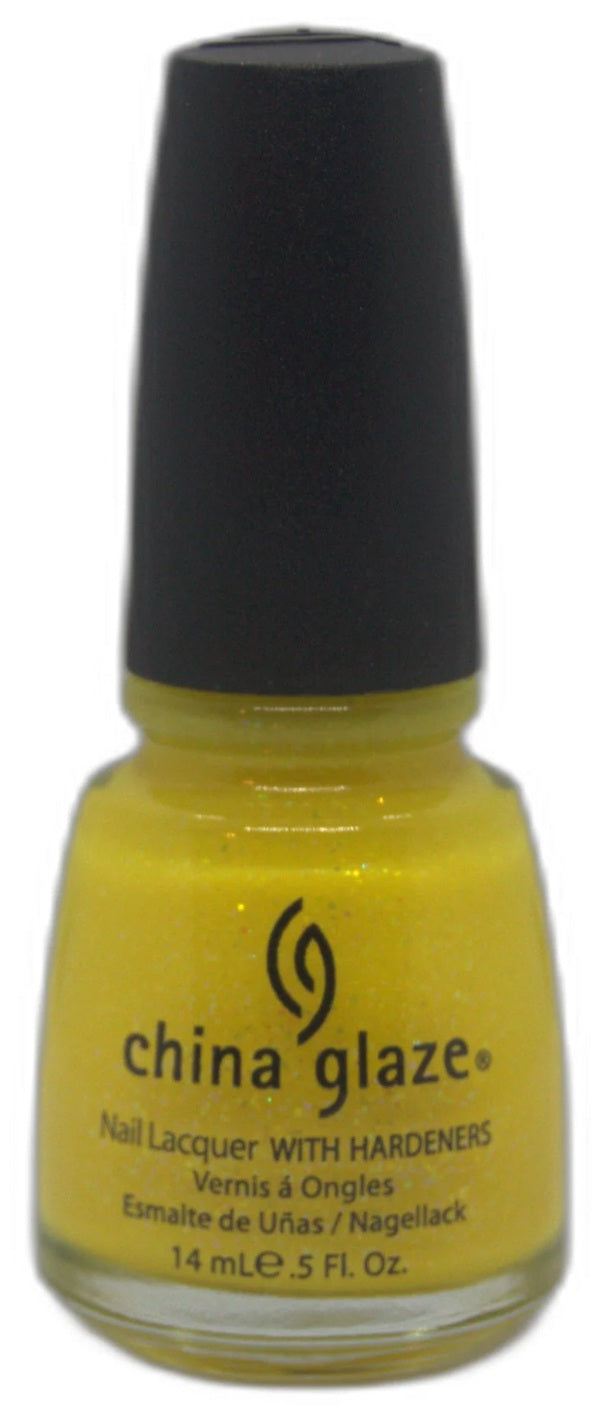 China Glaze yellow glitter nail polish bottle with micro-glitter, and a black cap.