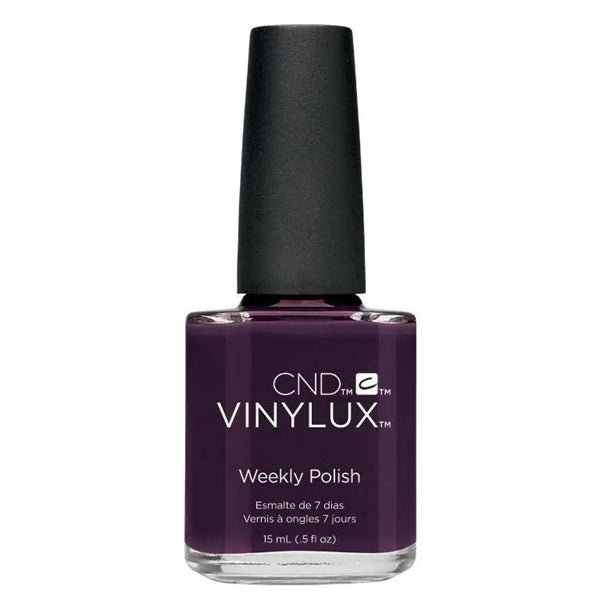 CND Vinylux purple nail polish bottle on a white background