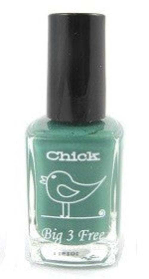 A bottle of Chick brand nail polish in a blue-toned green color, labeled 'Moss' and noted as part of the 'Big 3 Free' collection.