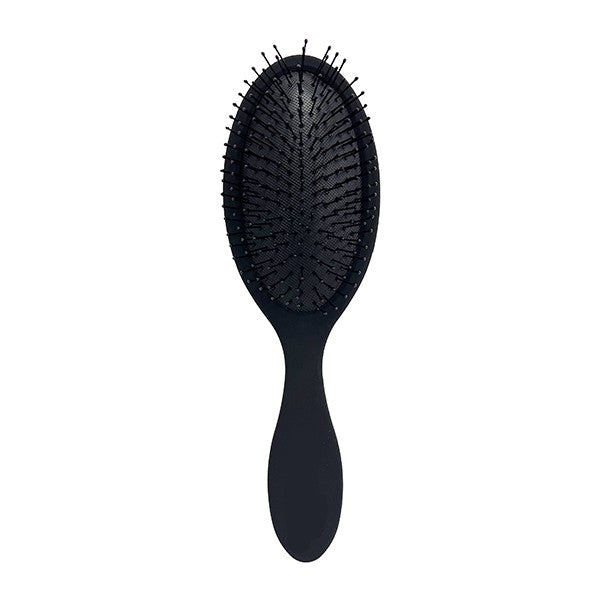 A black detangling hairbrush with a rounded handle and widely spaced bristles designed for easy detangling of hair.