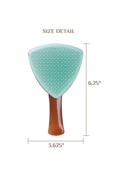 Teal detangling hair brush with brown handle and size details on a white background.