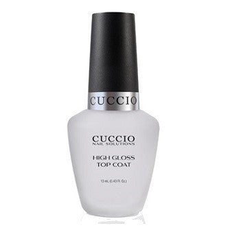 A bottle of Cuccio Colour High Gloss Topcoat with black and silver cap on a white background.