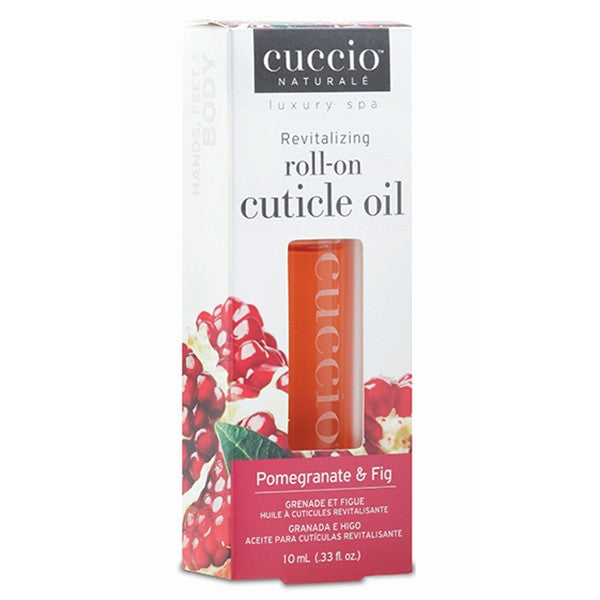 Cuccio Naturale Pomegranate & Fig Revitalizing Roll-On Cuticle Oil packaging with a clear window showing the red oil bottle inside. The packaging features pomegranate and fig graphics and text.