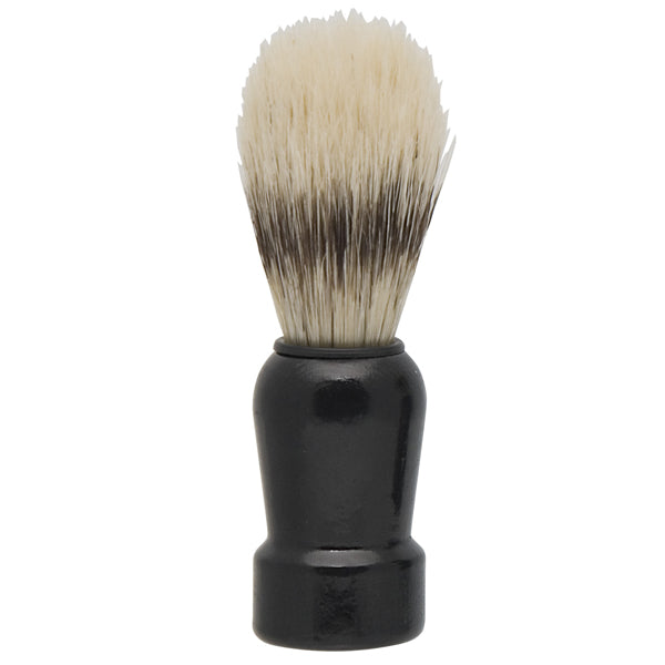 A shaving brush with faux badger hair bristles and a black wooden handled shaving brush.
