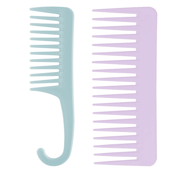 Two plastic combs, one in light blue and the other in light purple, with a hook for in-shower storage.