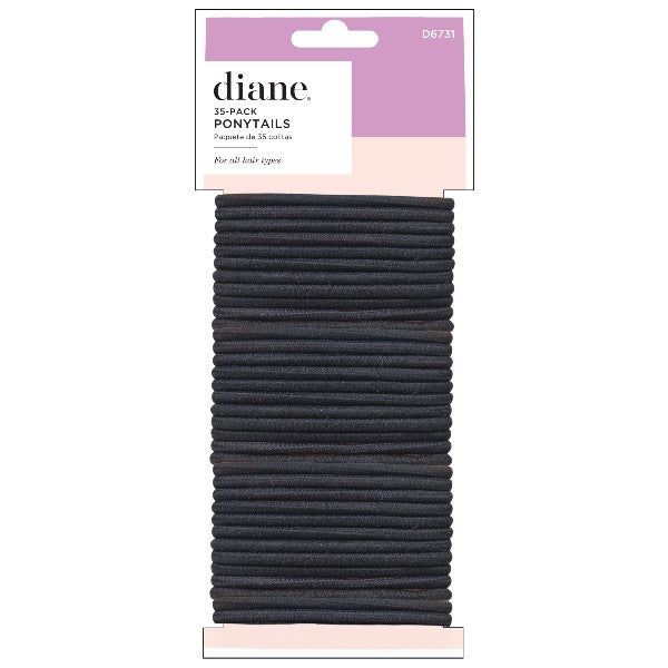 Pack of black ponytail holders with 'diane' branding on a white background