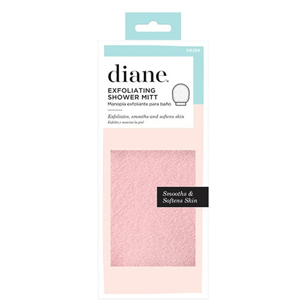 Pink exfoliating shower mitt in packaging with 'diane' branding on a white background