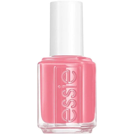 A bottle of Essie nail polish in a pink color with a white cap.