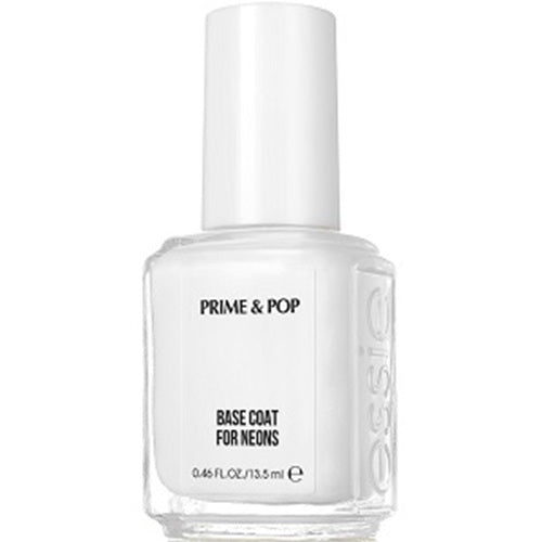 Essie Prime & Pop Base Coat for Neons in a clear glass bottle with a white cap and white label, shown on a plain white background.