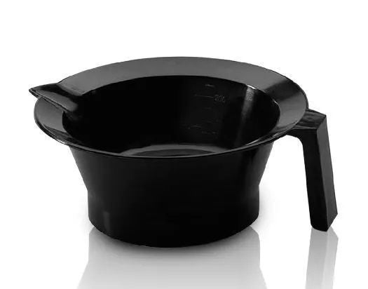 A black hair color mixing bowl with a handle and a molded pour spout.