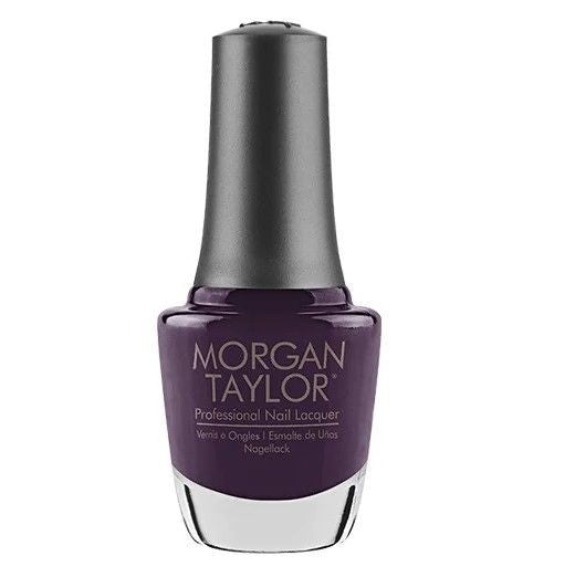 A bottle of Morgan Taylor Professional Nail Lacquer in a deep purple color with a cap on top.