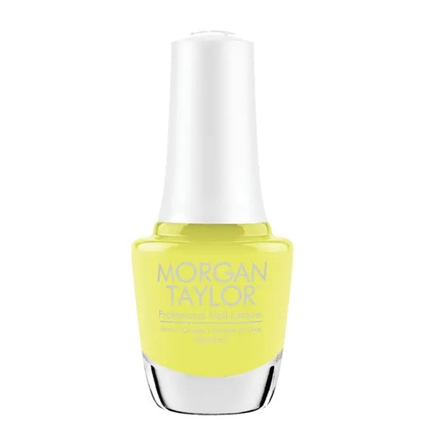 Morgan Taylor yellow translucent nail polish with white background.