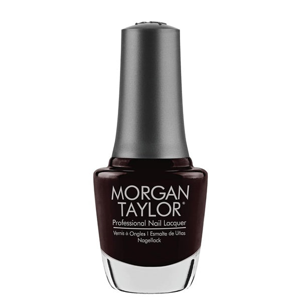 Morgan Taylor dark brown nail polish bottle on a white background