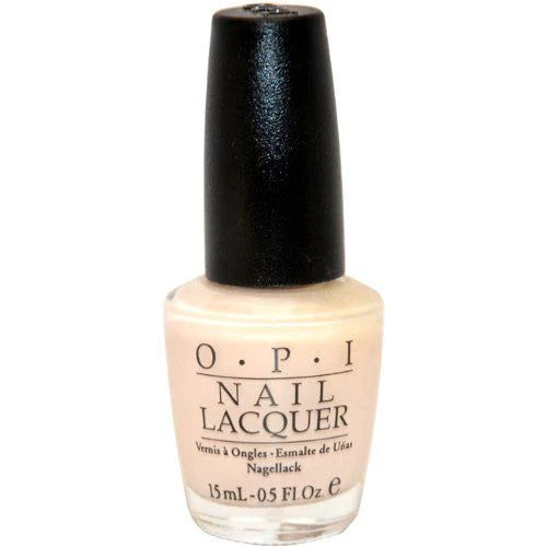 A bottle of OPI nail polish in a semi-sheer off-white creme color with a black cap.