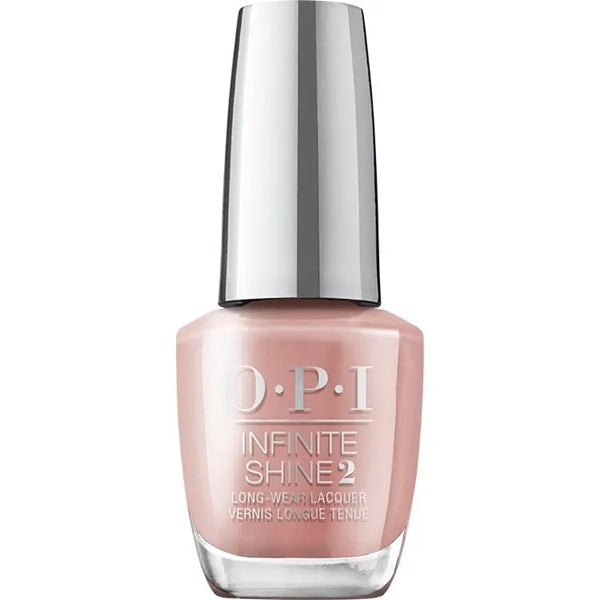 OPI Infinite Shine light pink nail polish bottle with a silver cap on a white background