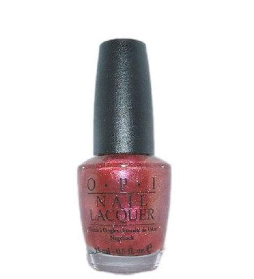 A bottle of OPI nail polish in a sheer rose pink color with silver micro glitter, from the Holiday on Broadway Collection.