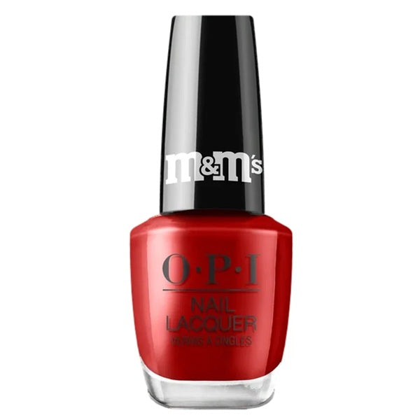 OPI red nail polish bottle with black cap.
