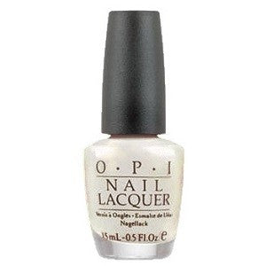 A bottle of OPI Nail Polish in a semi-sheer white color with a pearly finish and soft iridescent gold shimmer, part of the Beyond Chic Collection.