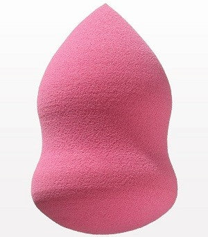 A pink oblong makeup blending sponge designed for applying makeup to facial contours.