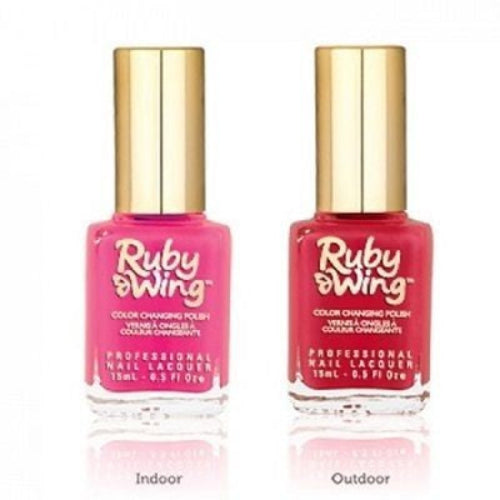 Two bottles of Ruby Wing Color Changing Nail Polish in a light neon highlighter pink creme.